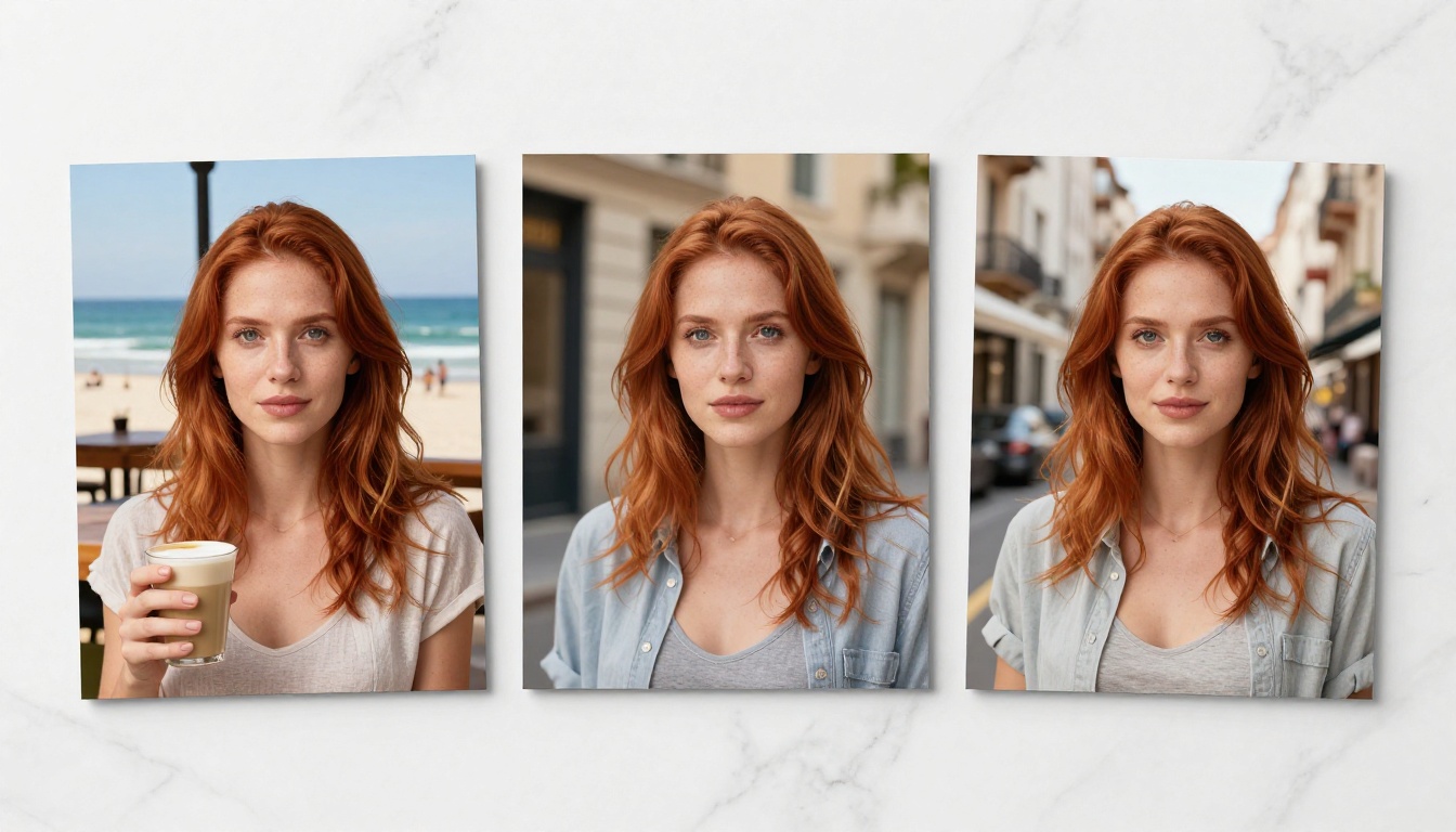 Three professional photographic prints of the same auburn-haired woman in café, beach, and city street settings showing perfect character consistency laid on white marble tabletop