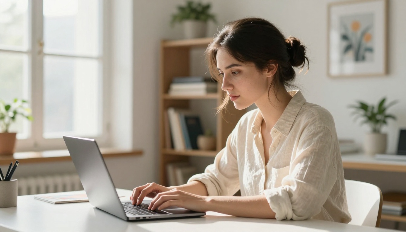 Creative professional working with AI image generation on a laptop in a bright studio