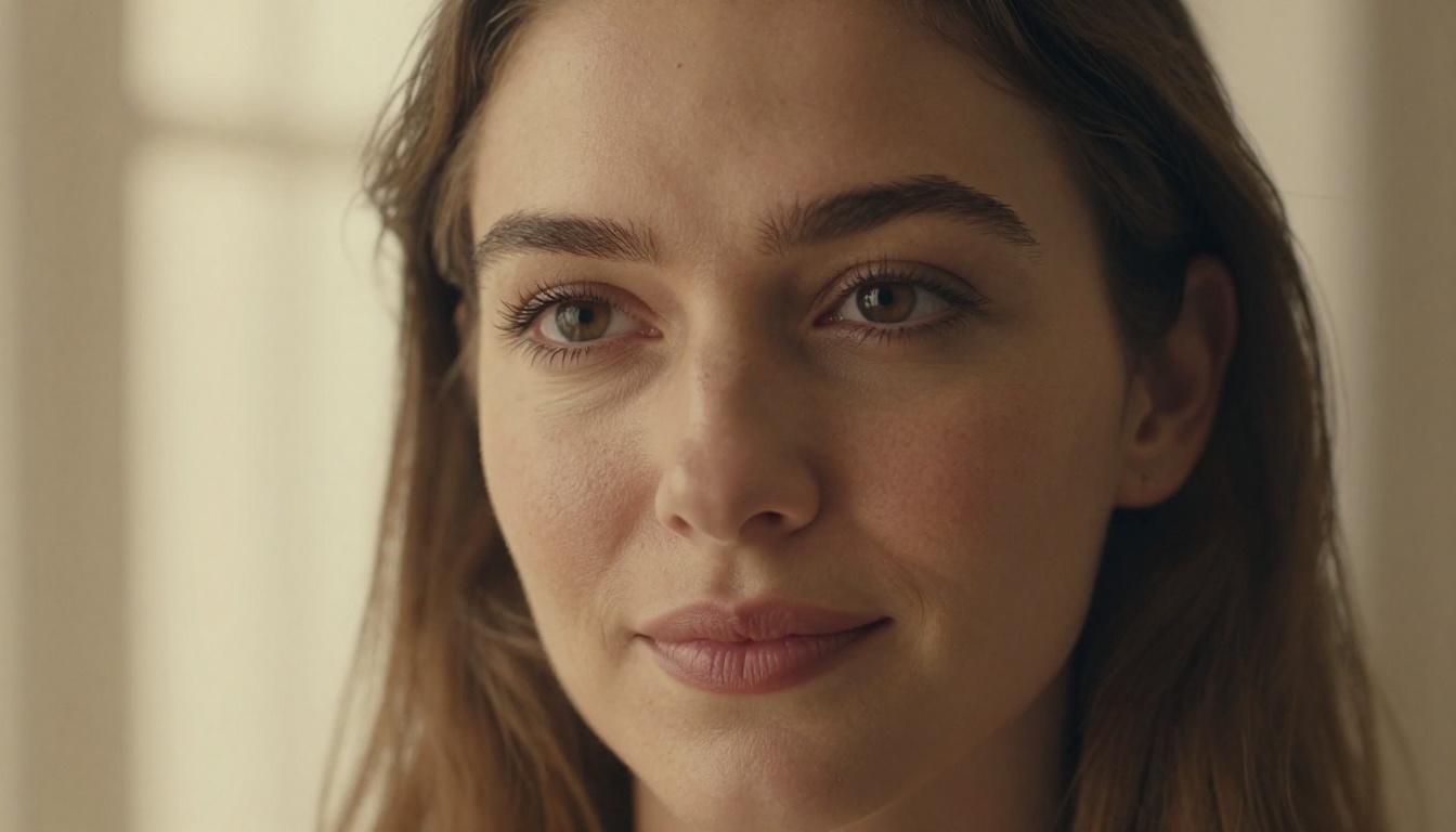 Close-up portrait with natural lighting, 135mm telephoto lens, shallow depth of field