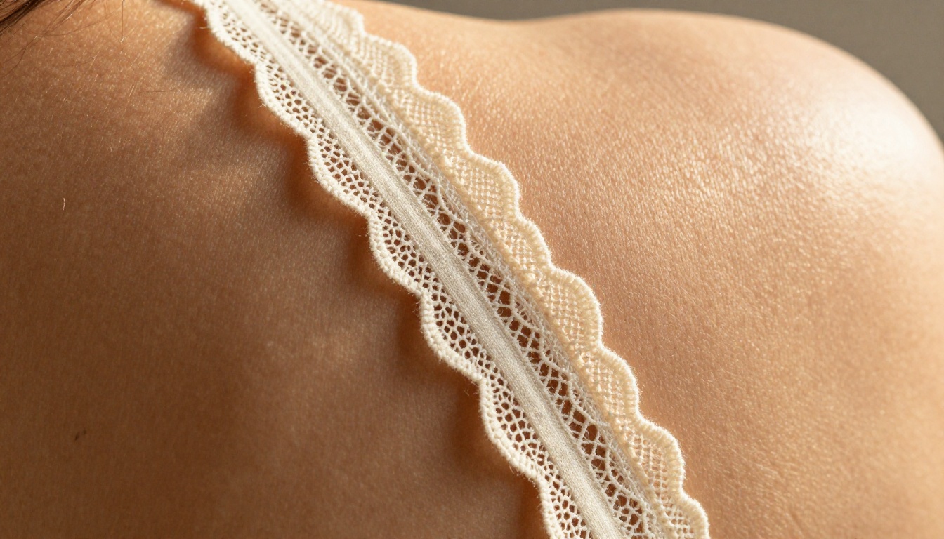 Extreme close-up of lace fabric strap against warm skin in raking golden light