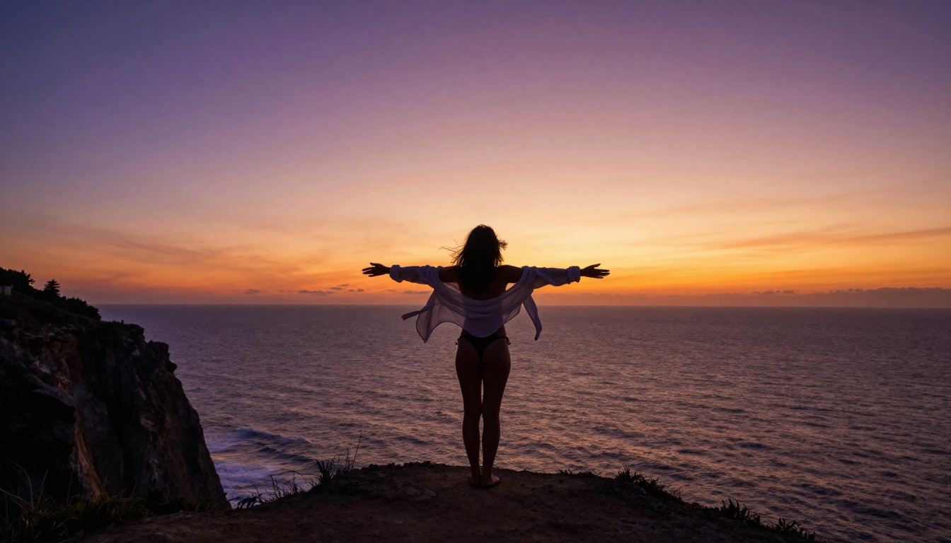 Female silhouette on cliff edge at sunset, ocean horizon in the distance, cinematic wide shot