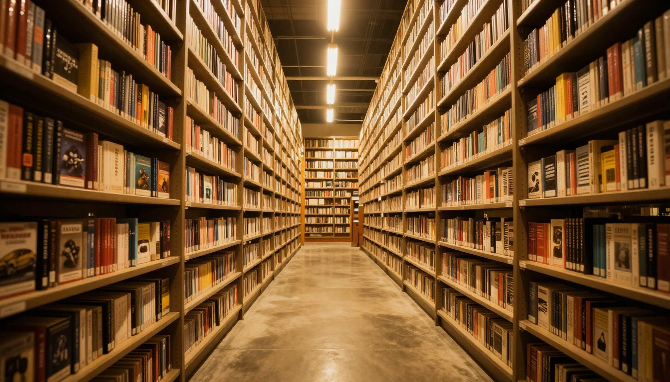 An infinite digital archive corridor with towering rows of glowing labeled model cards stretching into the distance, low-angle shot, warm overhead lighting, polished concrete floor
