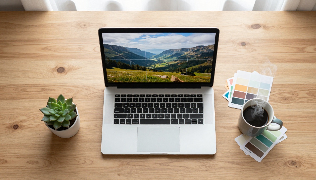Flat lay workspace with AI-generated prints and creative tools