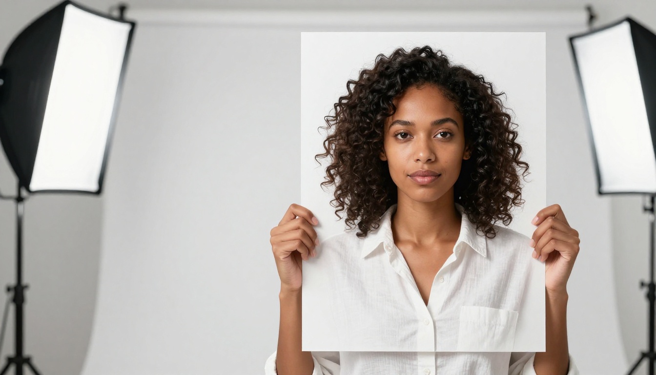 Professional woman holding AI-generated portrait in photography studio