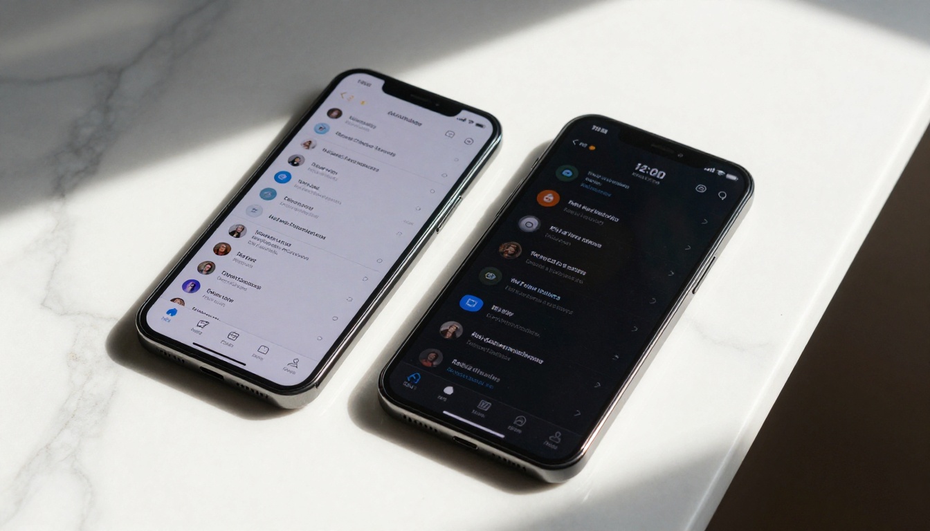 Close-up overhead shot of two smartphones side by side on white marble, one showing more AI models than the other, natural window daylight, 100mm macro lens, photorealistic marble texture