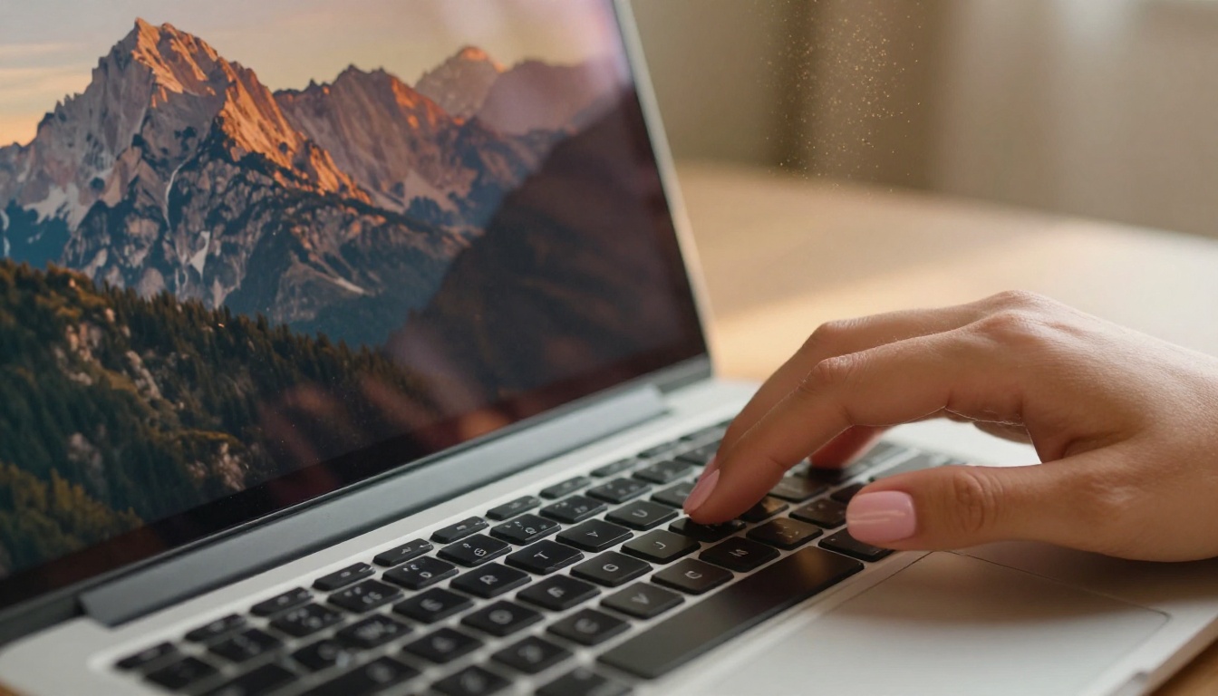 Close-up of hands typing AI image generation prompt on laptop