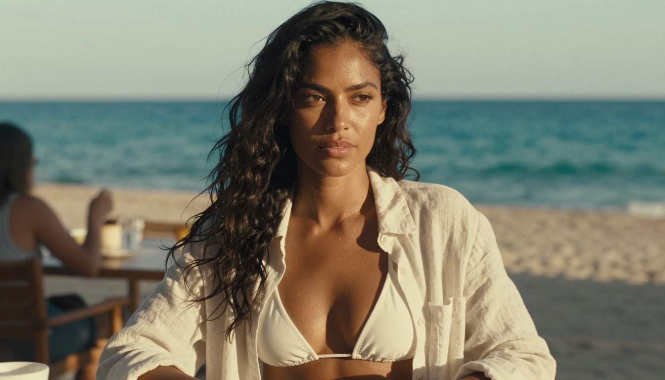 A confident woman with dark olive skin and wavy black hair at a Mediterranean beach cafe terrace, white bikini top under an open linen shirt, turquoise sea bokeh, 85mm f/1.4, photorealistic skin texture, Kodak Portra 400 warm tones