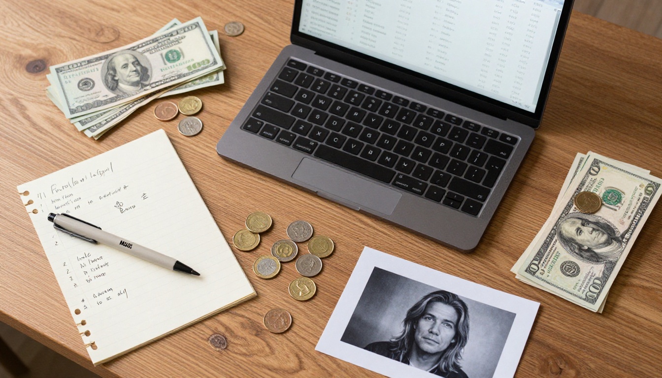 A flat-lay overhead composition with coins, dollar bills, printed AI art samples, and handwritten comparison notes on cream paper under soft north-facing window light