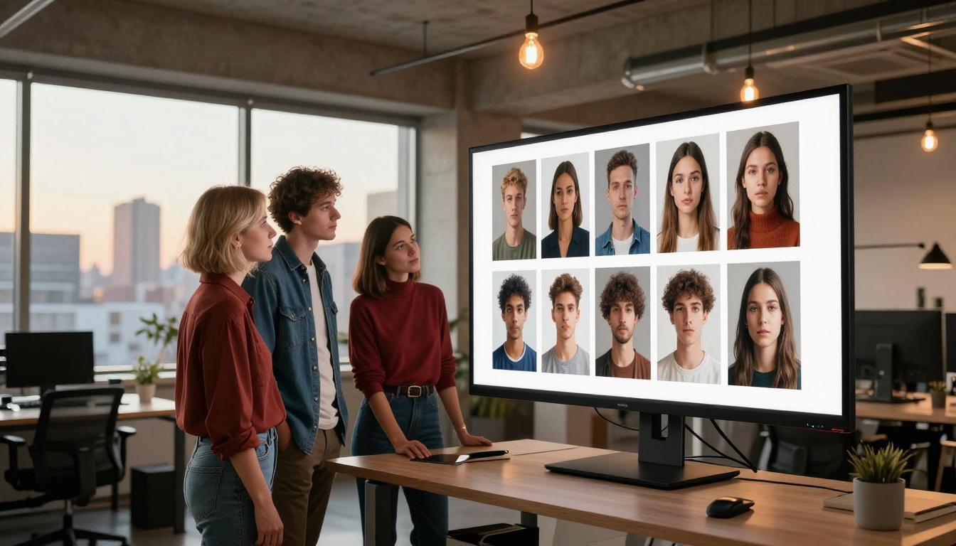 Creative team reviewing AI-generated portraits in modern office