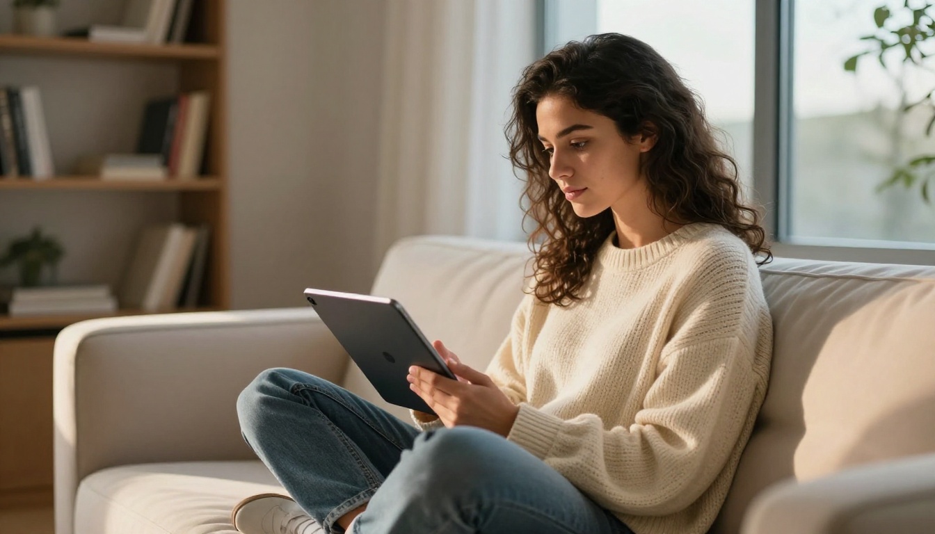 A side-profile shot of a young brunette creator sitting cross-legged on a cream sofa using a tablet, warm afternoon window light and screen glow creating a painterly light split, cream knit sweater, 50mm f/2.0, Kodak Portra 400