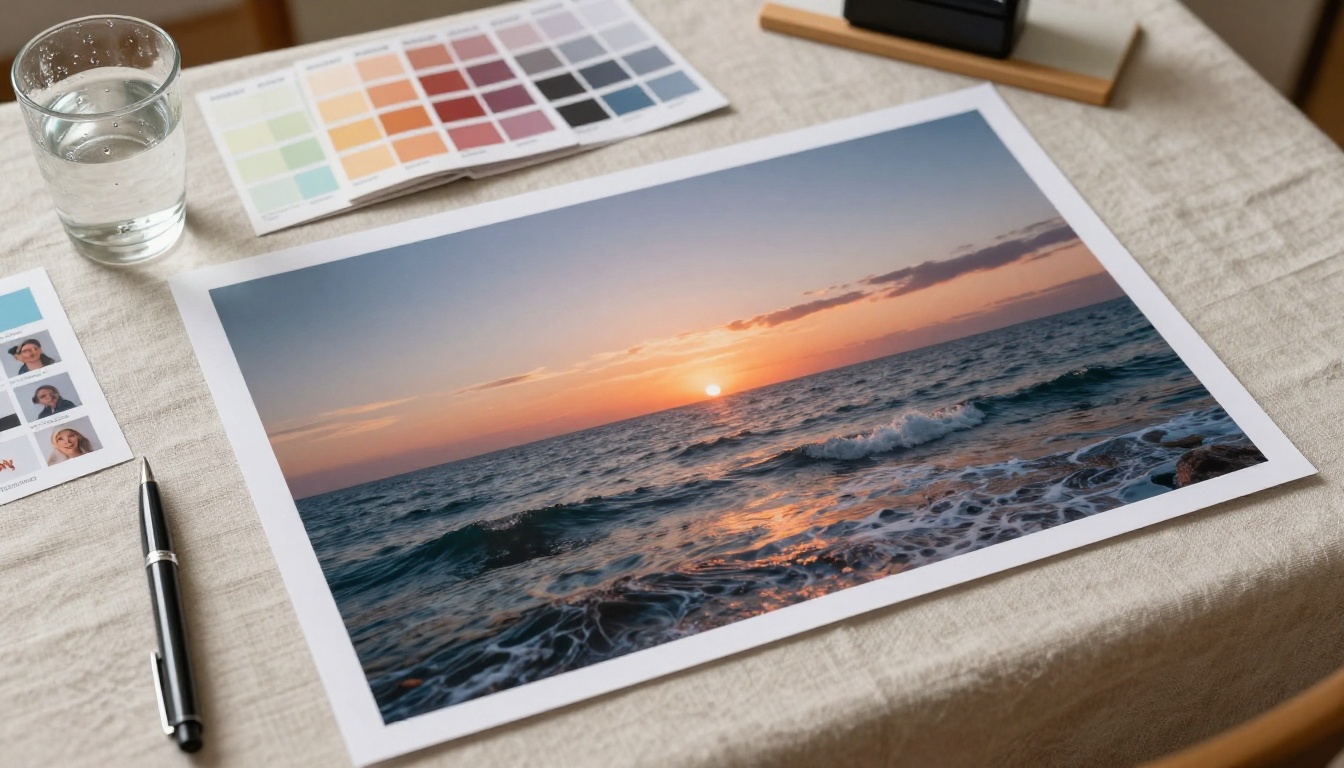 Flat lay of AI-generated photorealistic prints on creative workspace