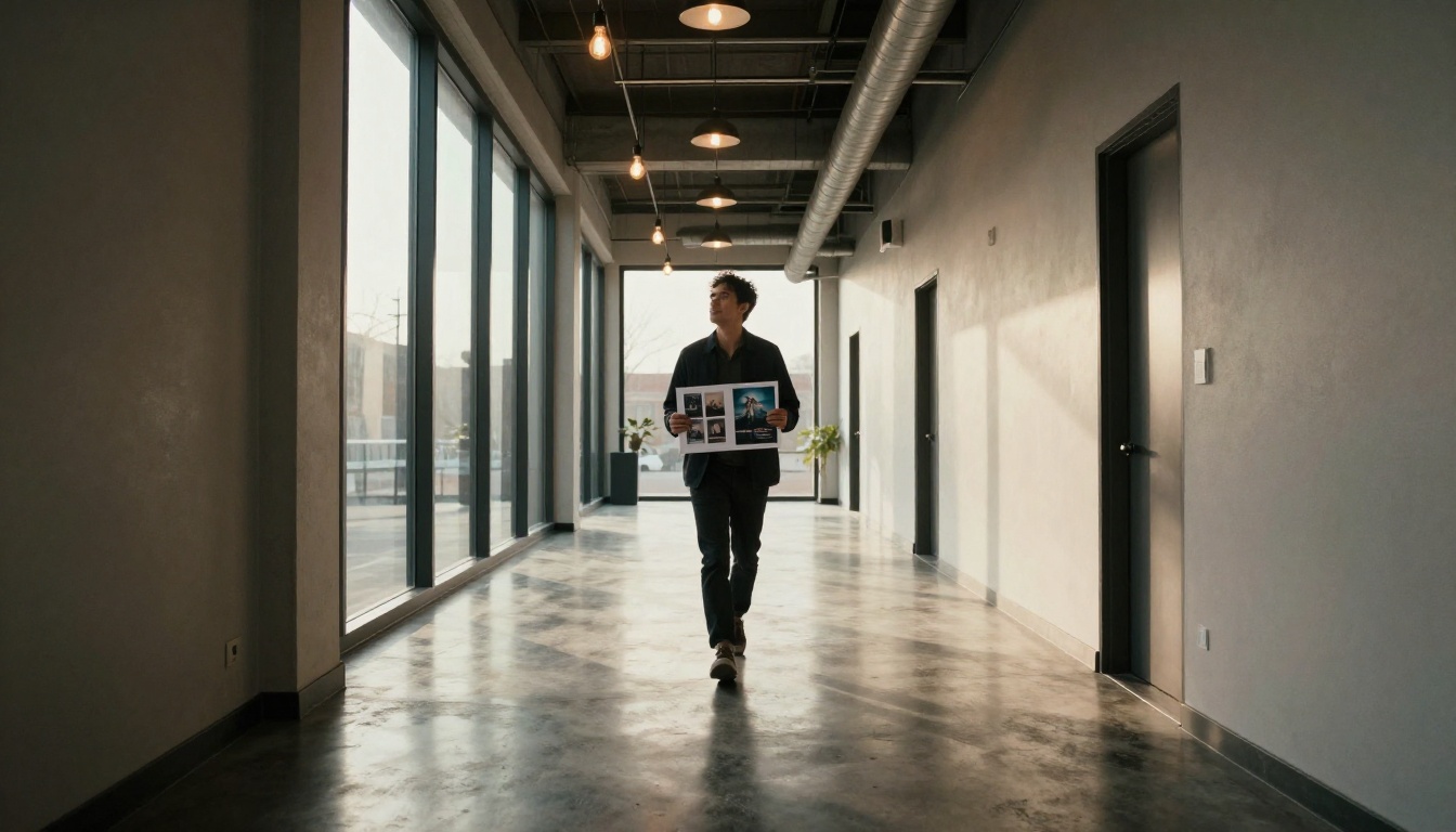 Low-angle shot looking up at a creative professional walking through a modern studio hallway holding a printed portfolio, strong backlight from corridor windows, polished concrete floor, 24mm f/2.8, heavy film grain in shadows