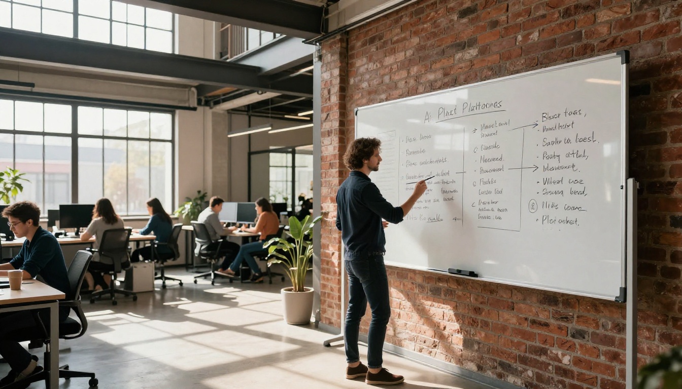 A creative director in dark clothing standing at a glass whiteboard in a modern creative agency office, volumetric daylight from skylights, blurred colleagues in background at standing desks, 28mm f/4, natural mixed lighting