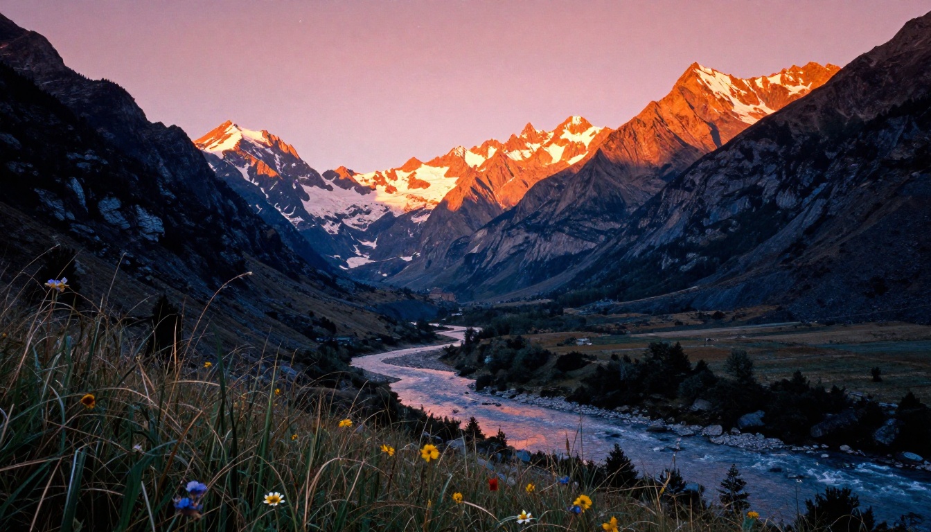 AI-generated cinematic alpine landscape at golden hour