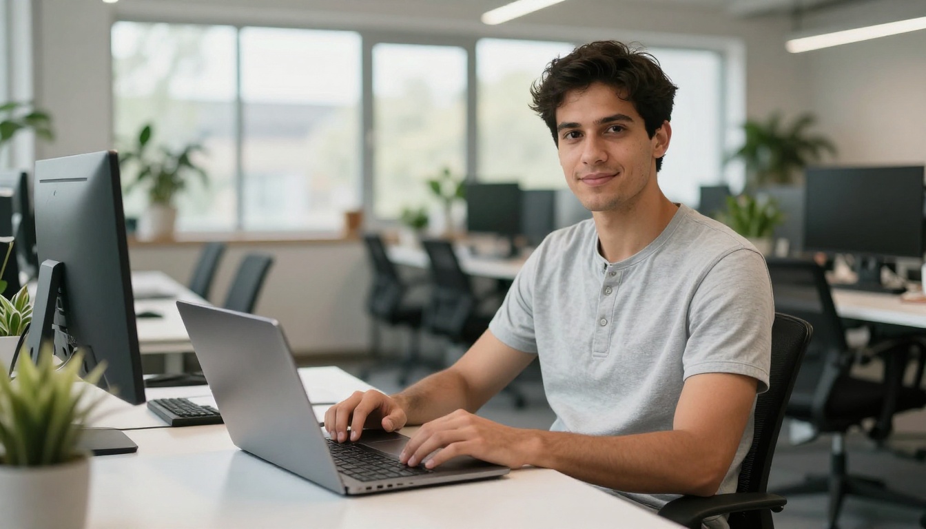 Satisfied creator at co-working space ready to experiment with AI image generation