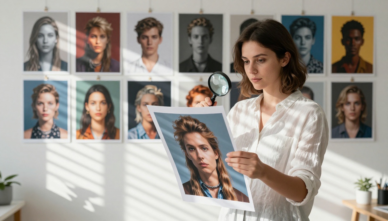 A creative professional examining AI-generated portrait prints in a bright minimalist studio, gallery wall of AI artwork behind her