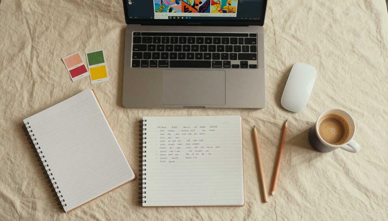 Top-down flatlay of a creative workspace with a laptop showing an AI image generation interface, notebook, color swatches, and espresso cup on linen