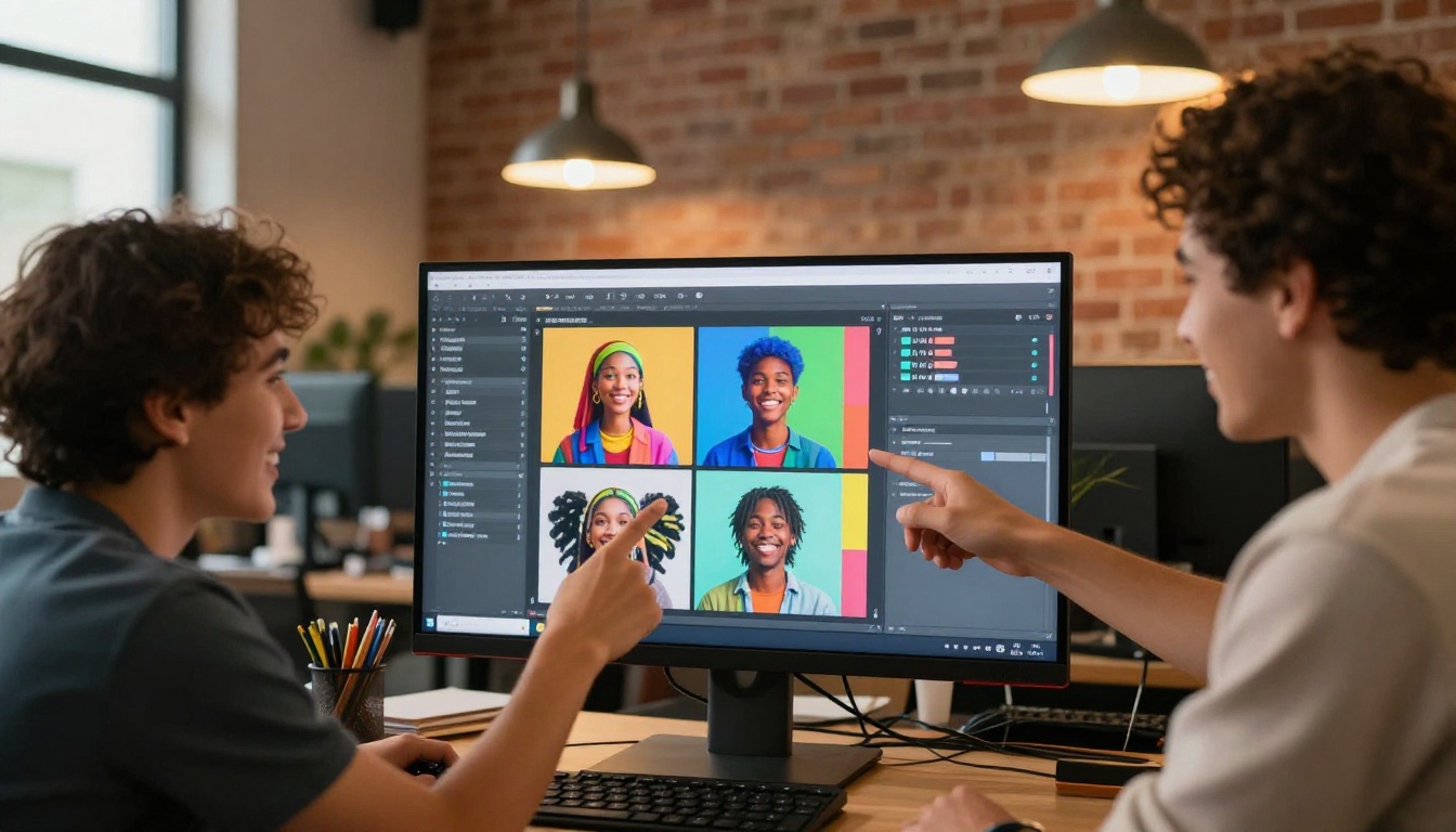 Three young creative professionals smiling and pointing at a monitor showing a grid of AI-generated images in a brick-wall office with pendant lighting