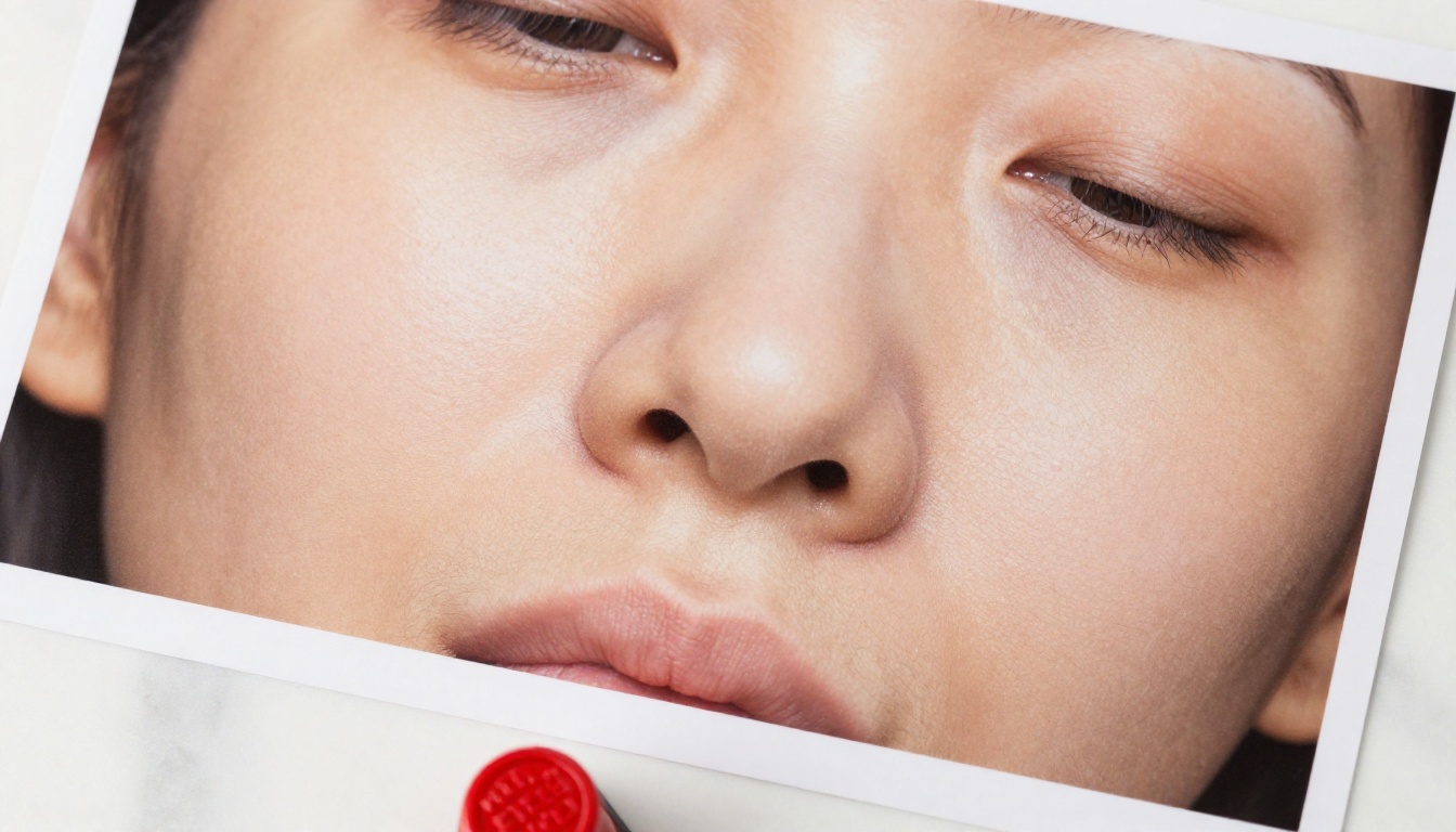 Extreme close-up macro of a high-quality photographic print showing photorealistic skin texture, individual pores, and fine hair strands on white marble