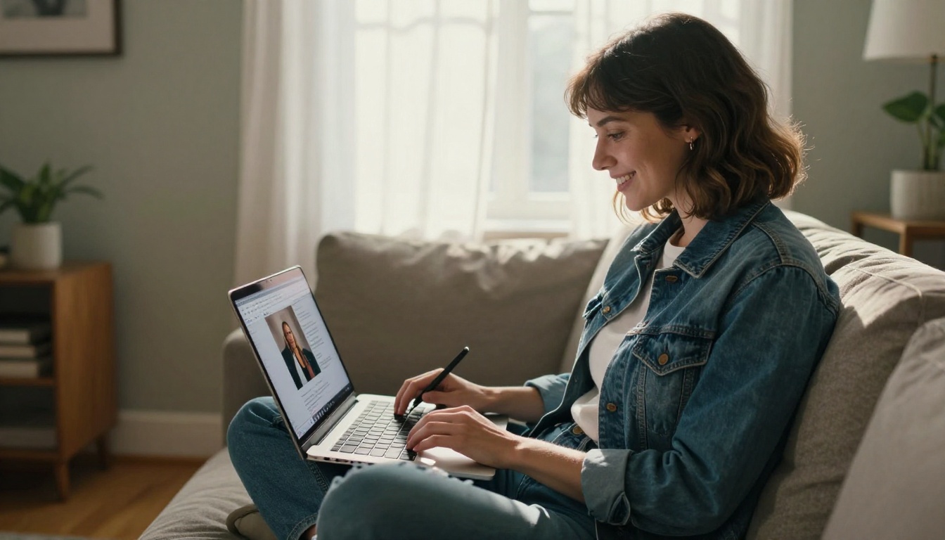 A woman sitting cross-legged on a couch with a laptop showing AI image generation results, satisfied expression, afternoon sunlight through sheer curtains