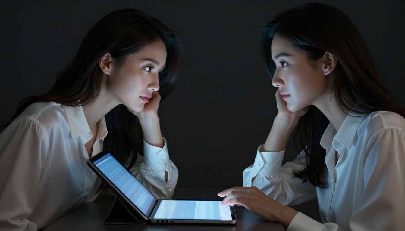 Side profile of a woman in a white silk blouse looking at a glowing tablet screen, screen light illuminating her face in cinematic chiaroscuro