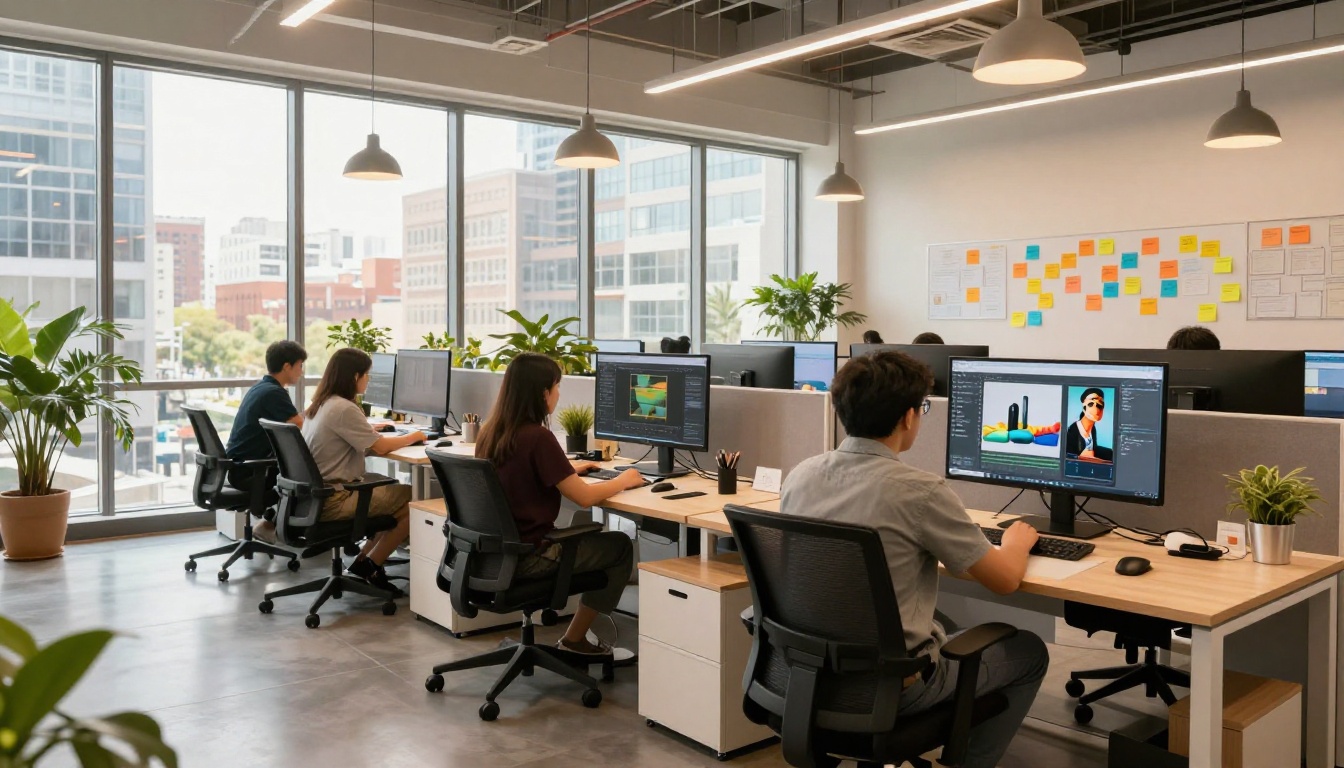 Wide angle of a modern creative agency office with designers at standing desks, large monitors showing AI generation interfaces, floor-to-ceiling windows with city view
