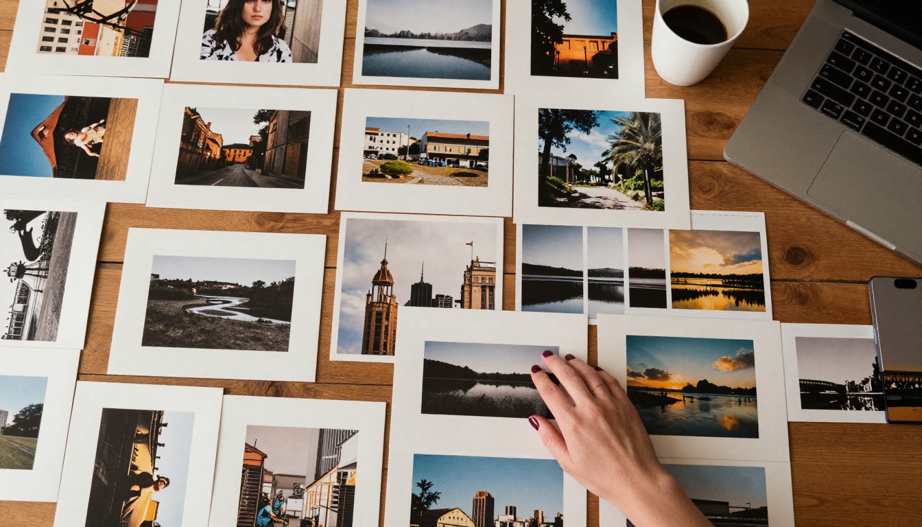 Aerial view of photography prints spread across wooden desk