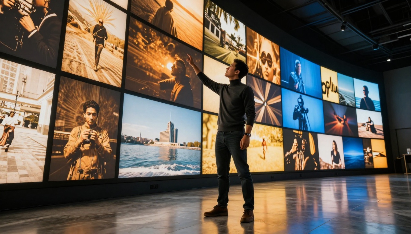 Creative director pointing at floor-to-ceiling display wall