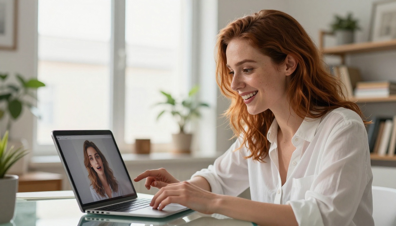 Woman smiling at tablet displaying generated image