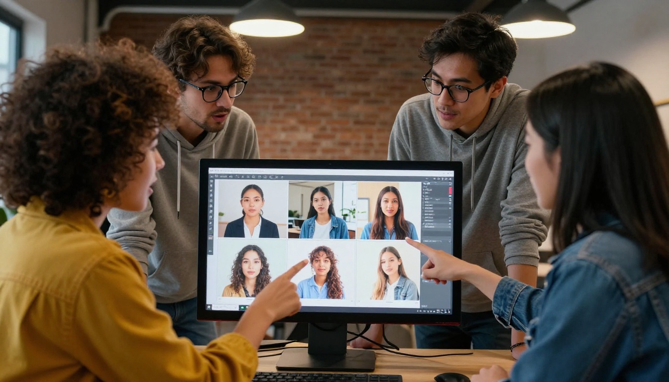 Creative team gathered around monitor discussing AI image outputs