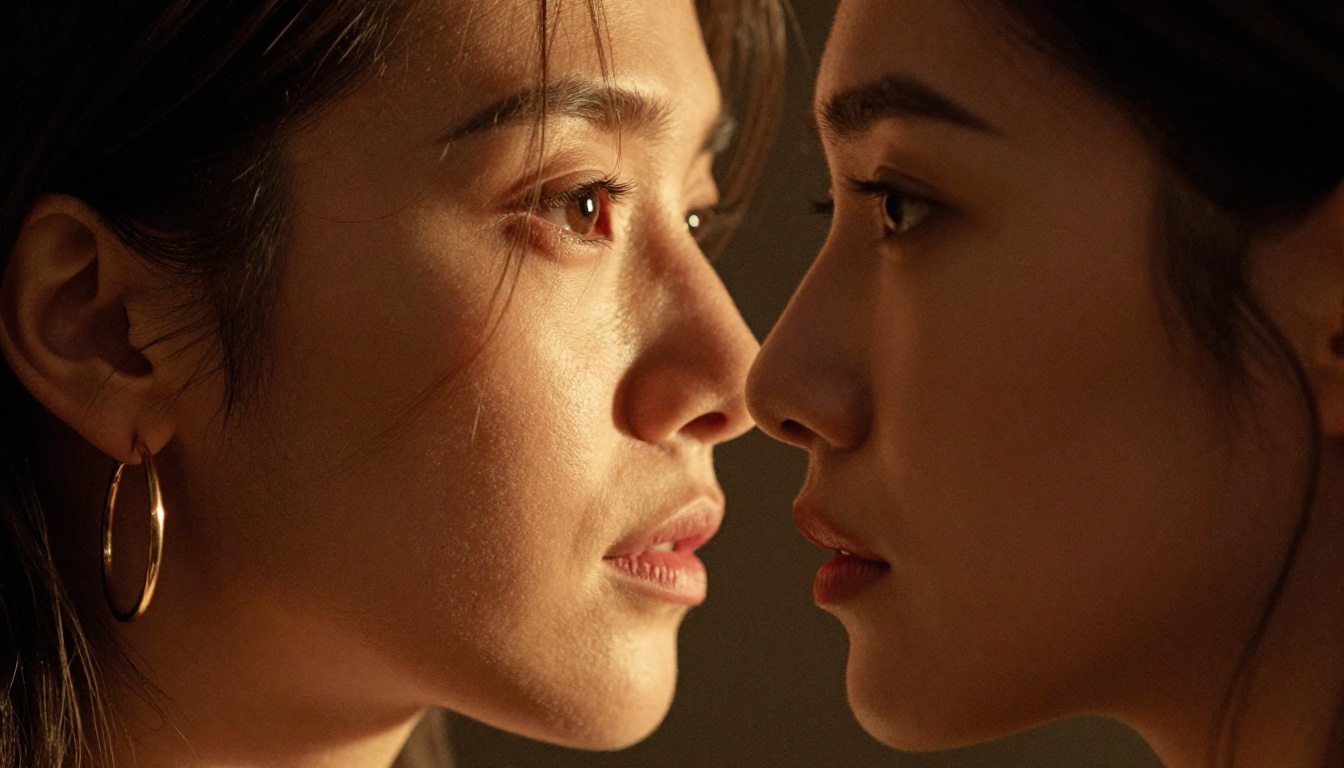 Intimate close-up of woman's face lit by screen glow