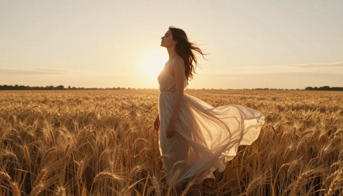 Beautiful woman in sheer flowing dress standing in a sunlit wheat field at golden hour