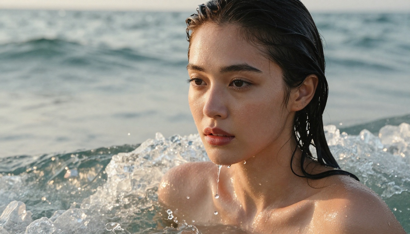 Artistic close-up of a woman with wet hair emerging from a crystal-clear ocean wave at sunrise