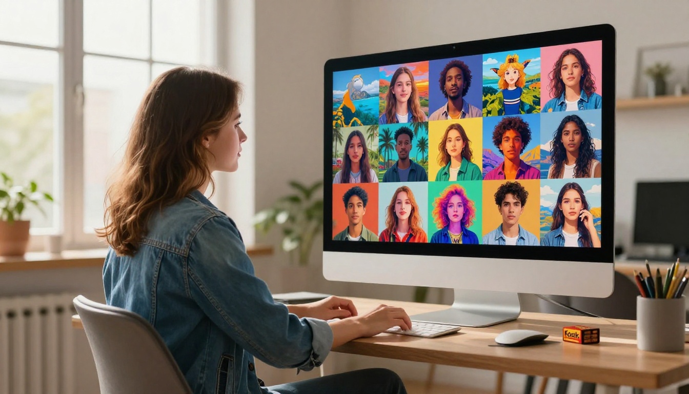 A woman exploring AI-generated images on a large monitor in a bright modern studio