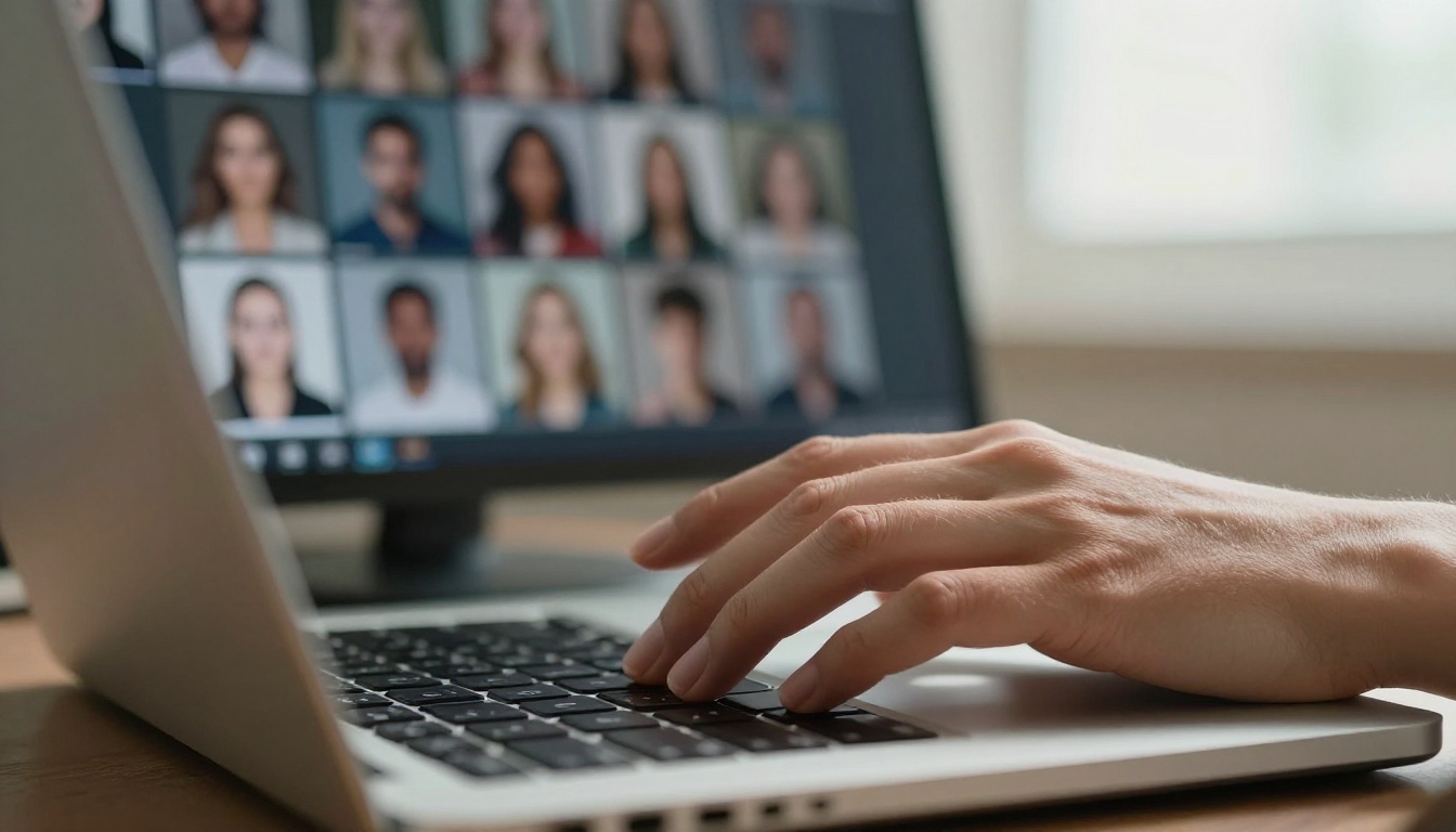 Close-up of hands typing on laptop with AI portraits visible on the blurred monitor behind