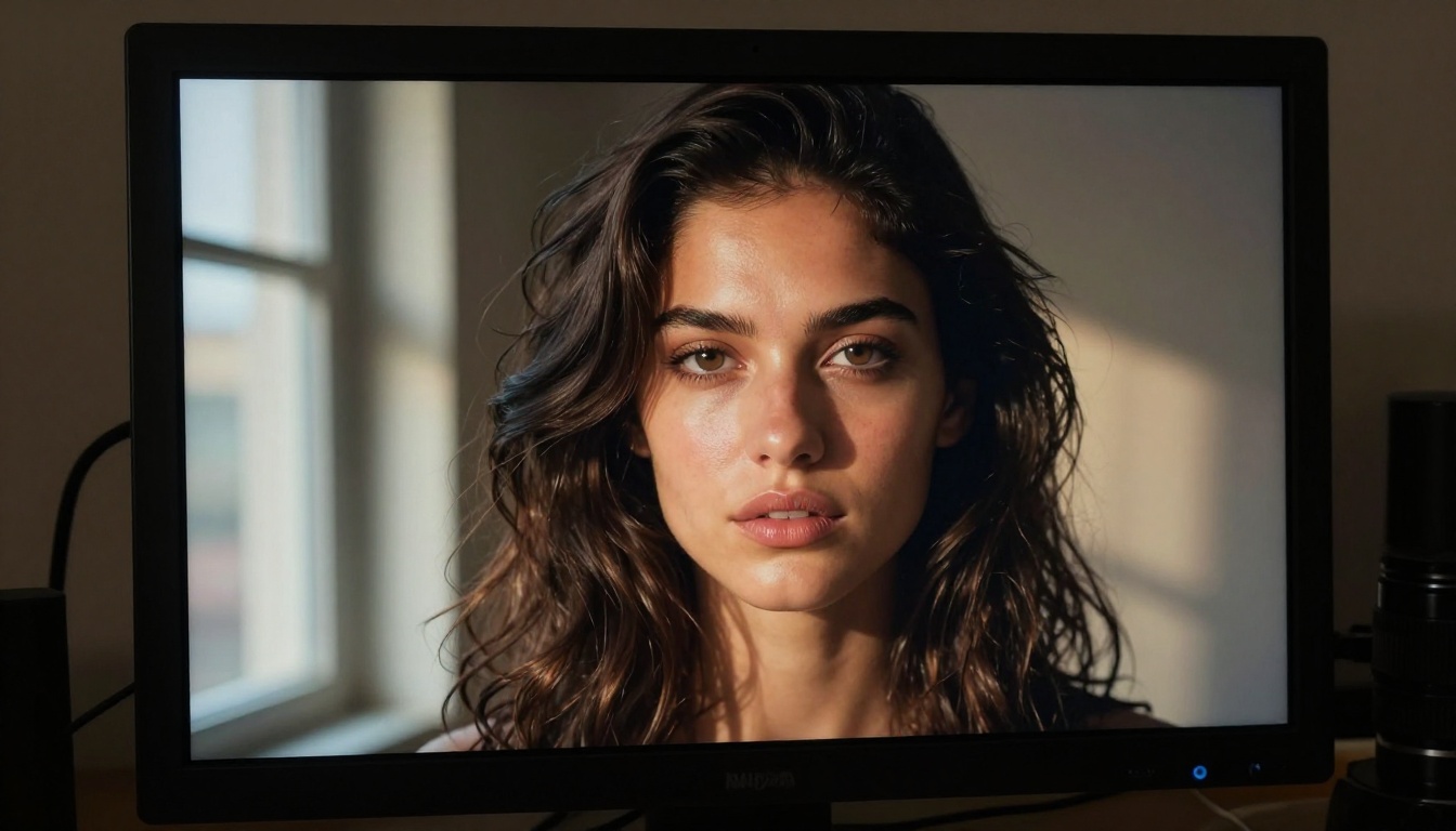 A stunning photorealistic AI-generated portrait displayed on a professional monitor in a dark creative studio