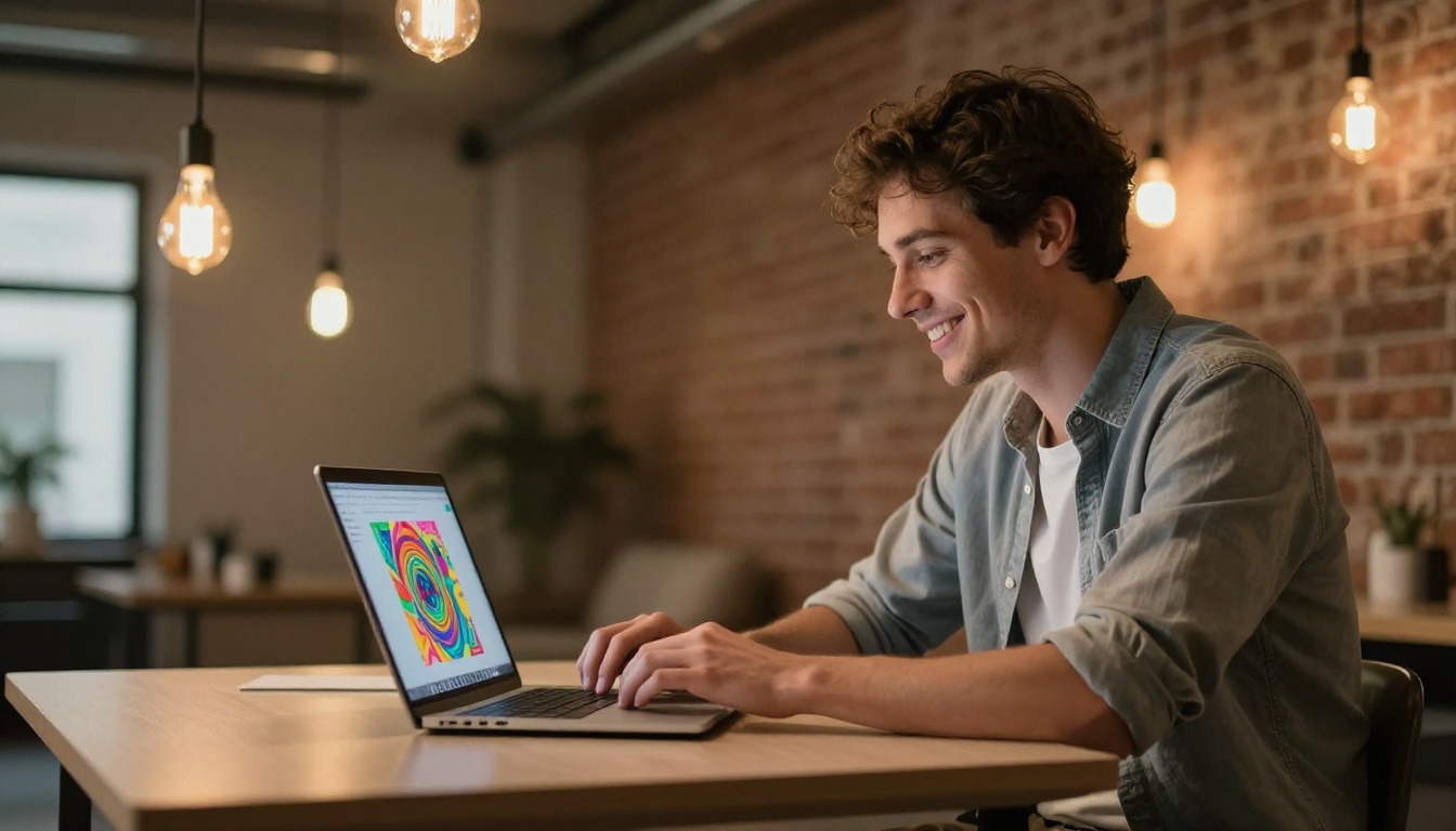 Man smiling at laptop displaying colorful AI artwork in a warm industrial loft apartment