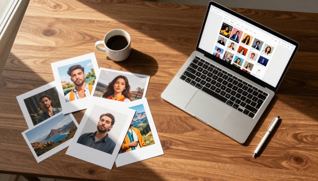 Overhead flat-lay of a walnut desk with a laptop showing an AI platform, scattered printed artworks, and a cup of coffee