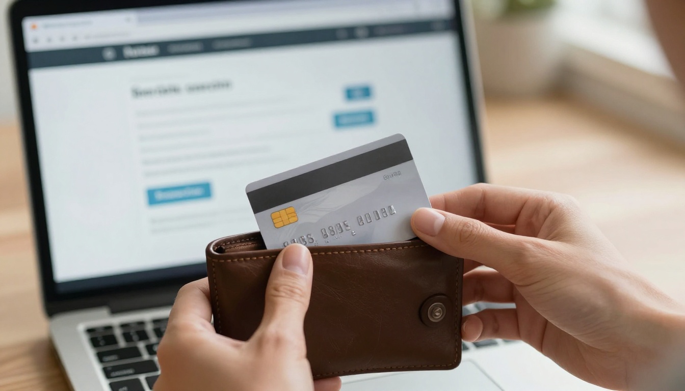 A woman's hands placing a credit card into a leather wallet with a laptop glowing behind showing a subscription cancellation page
