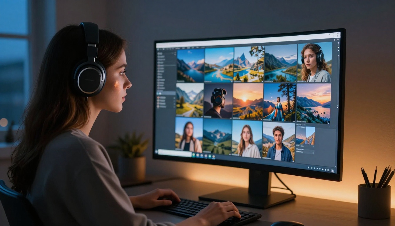 Side profile of a creative professional with headphones focused on a curved ultrawide monitor displaying AI art, monitor glow reflecting on her face