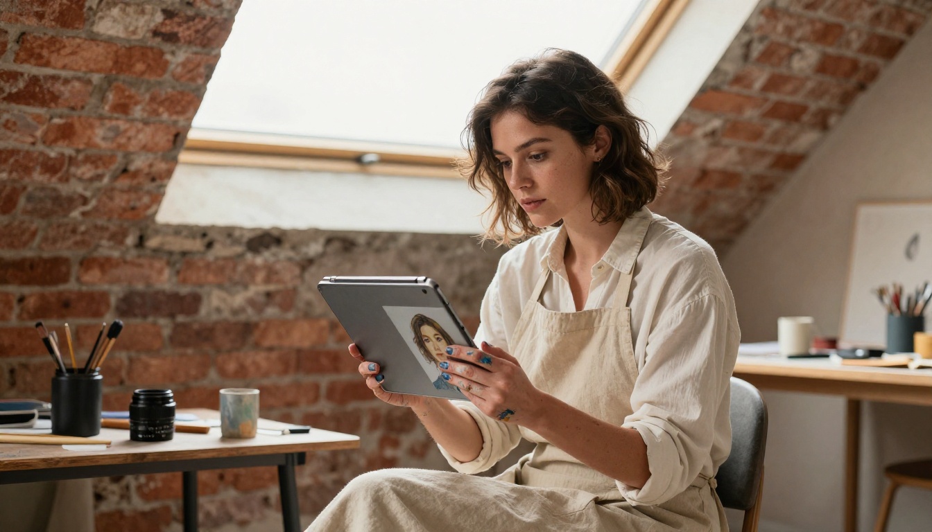 Woman artist with paint-stained hands holding a tablet displaying AI-generated portrait art in a bright loft studio