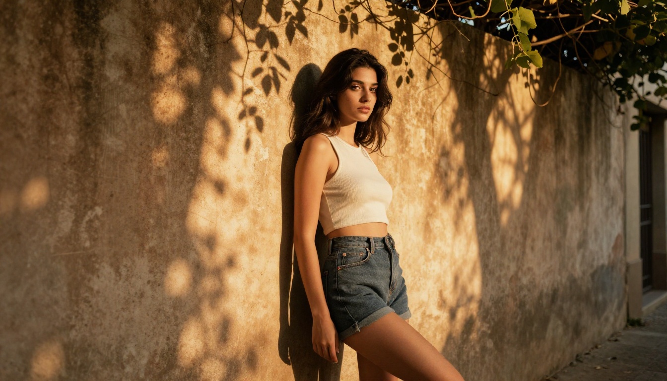 Young woman in a stylish crop top leaning against a sun-bleached concrete wall in a Mediterranean alley with dappled light