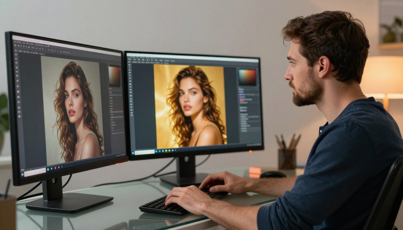 AI creator comparing image platforms at a professional workstation
