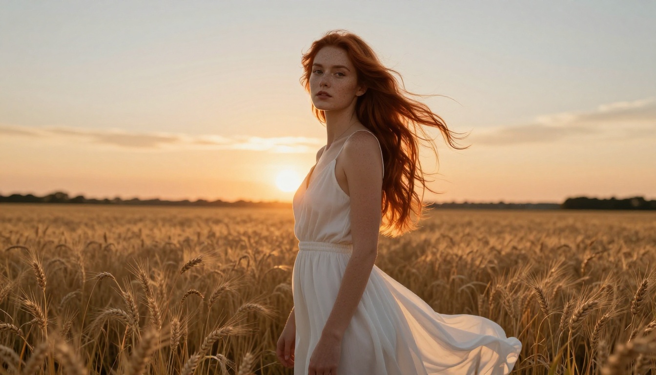 Elegant portrait of a woman in a golden wheat field at sunset
