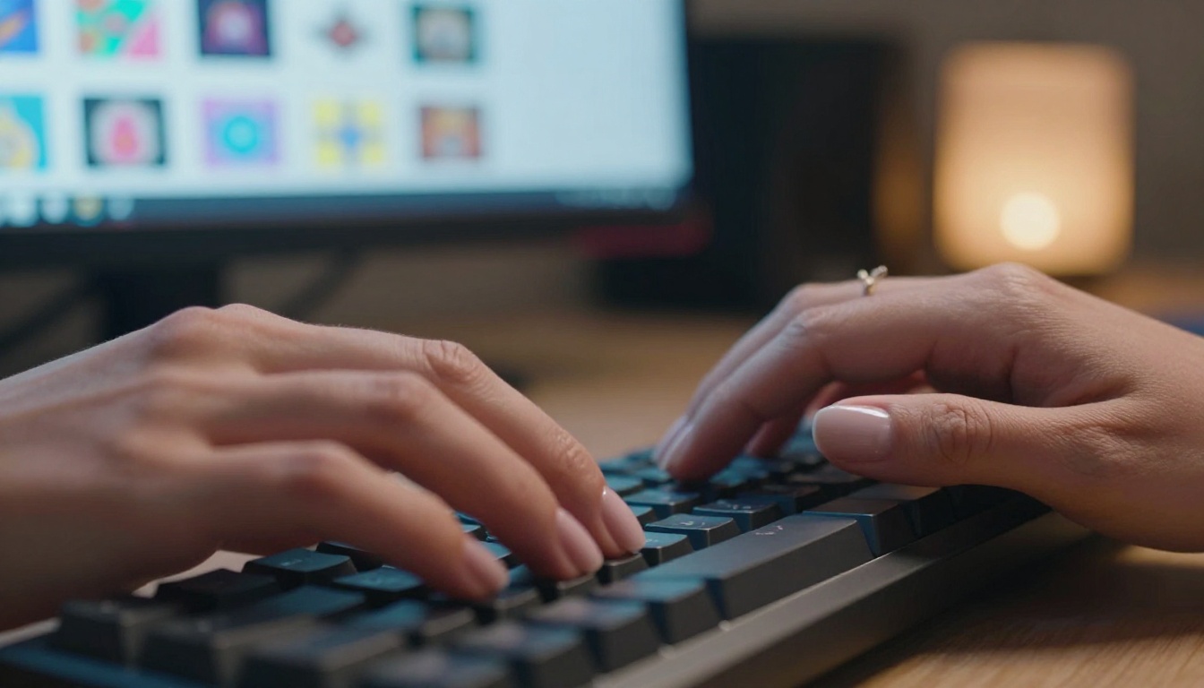 Close-up of hands typing a prompt on a mechanical keyboard
