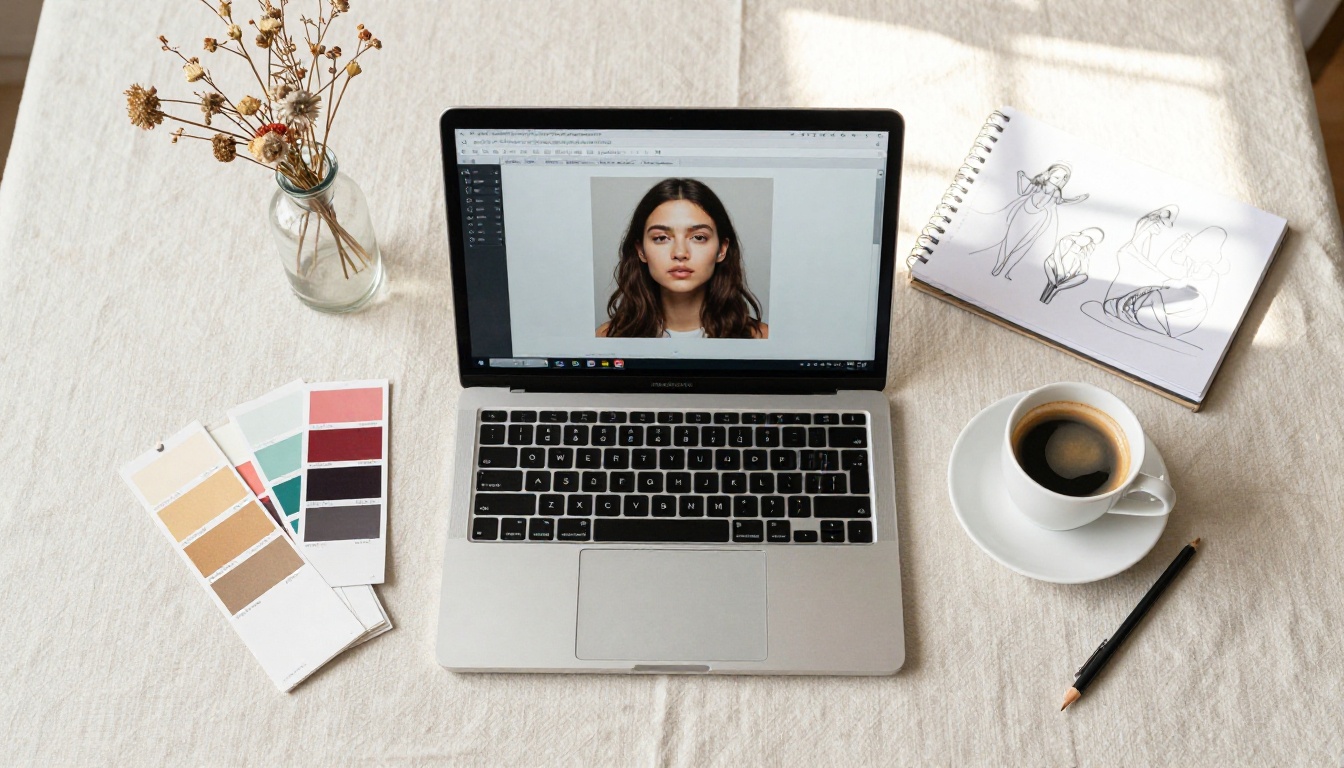 Creative workspace flatlay with MacBook and color swatches