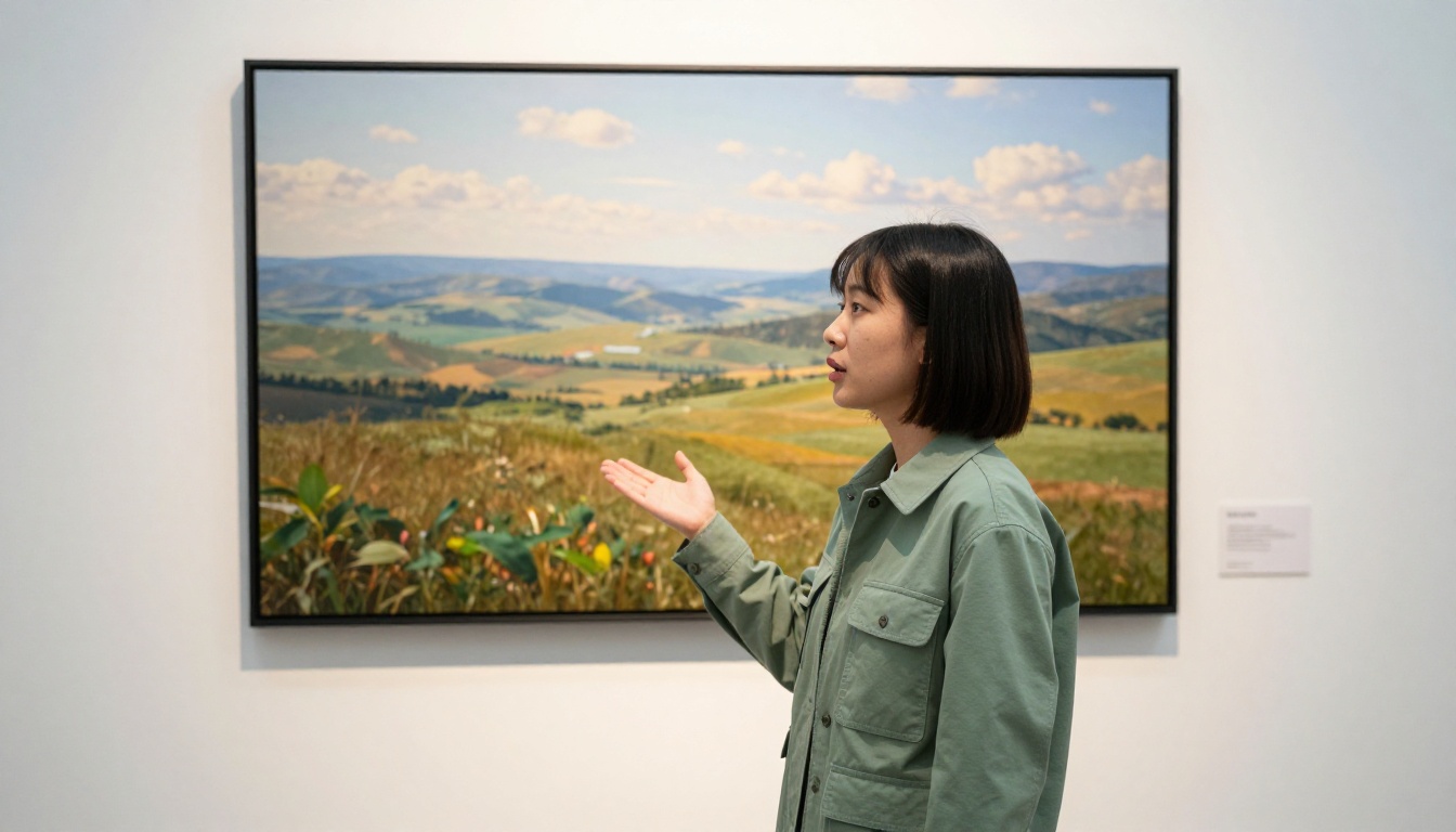 Content creator explaining AI artwork in a gallery setting