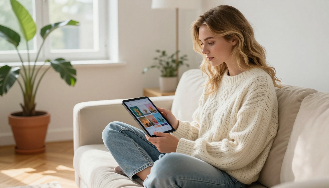Woman browsing AI-generated image gallery on a tablet at home