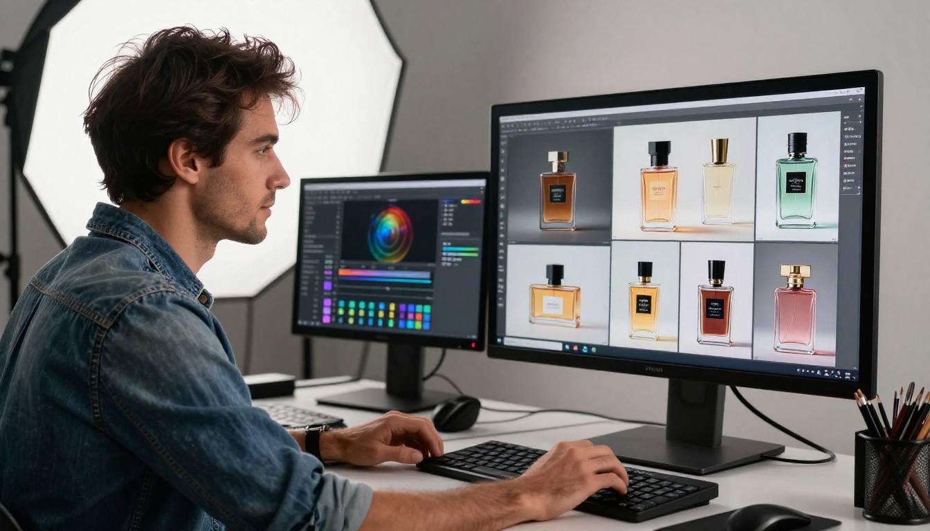 Professional photographer reviewing AI-generated product images in a studio