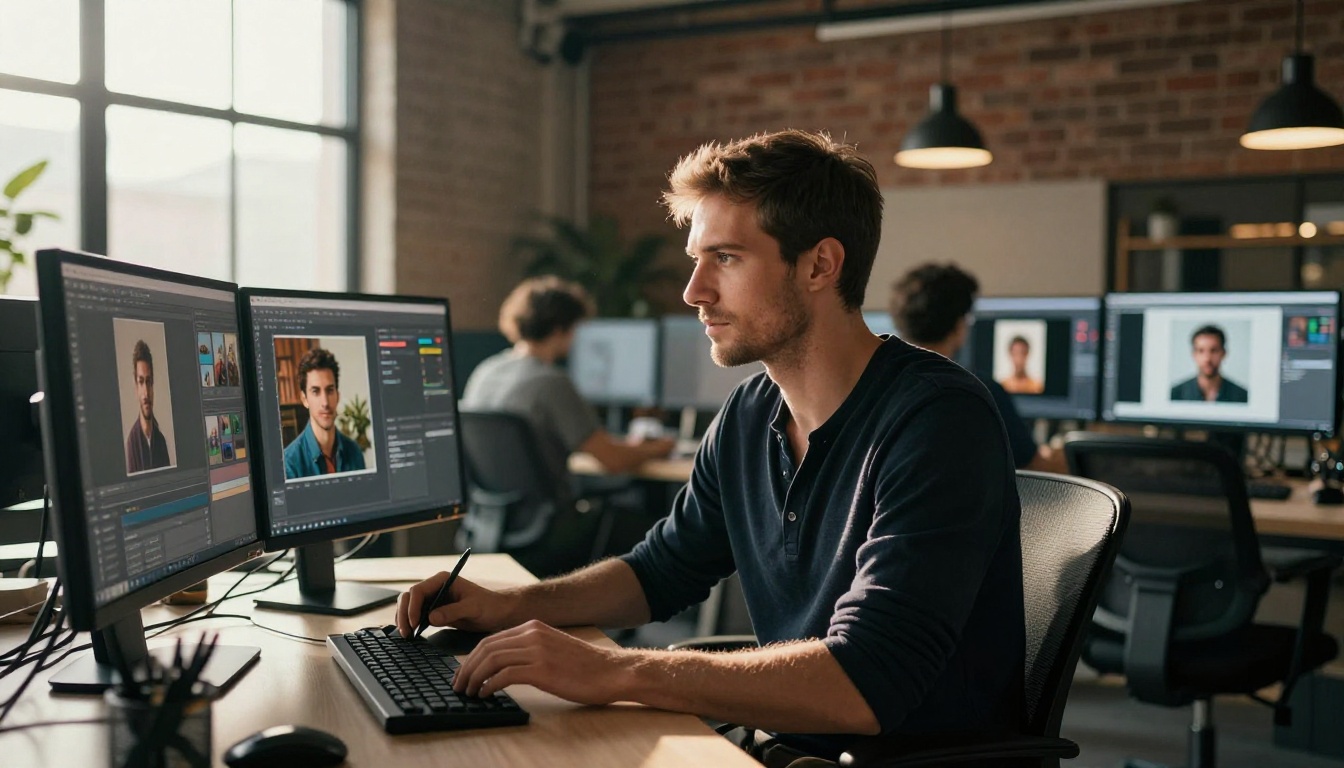 Male designer reviewing AI images on dual monitors in modern studio